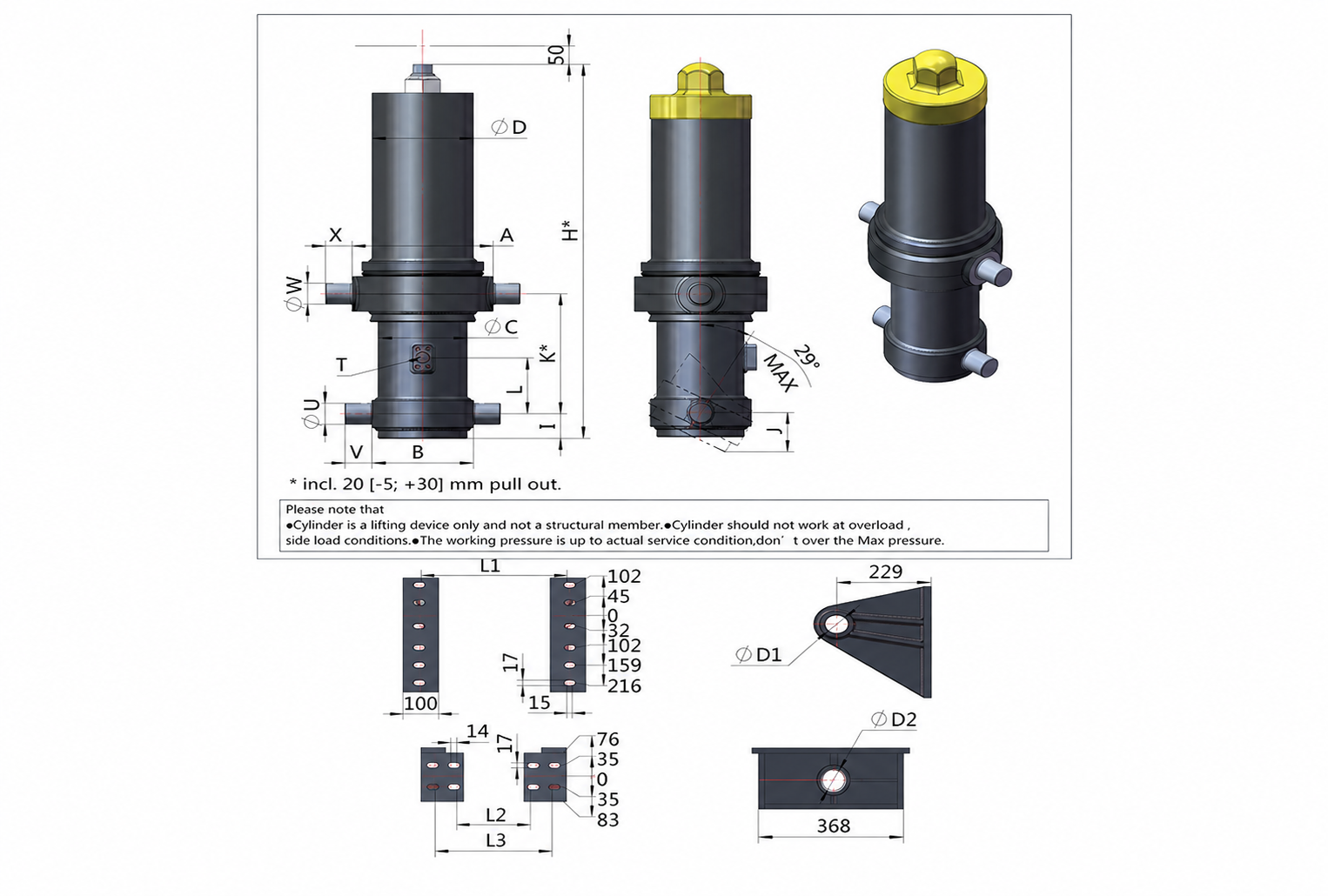 FC Series front end cylinder with outer cover and dimensional drawing