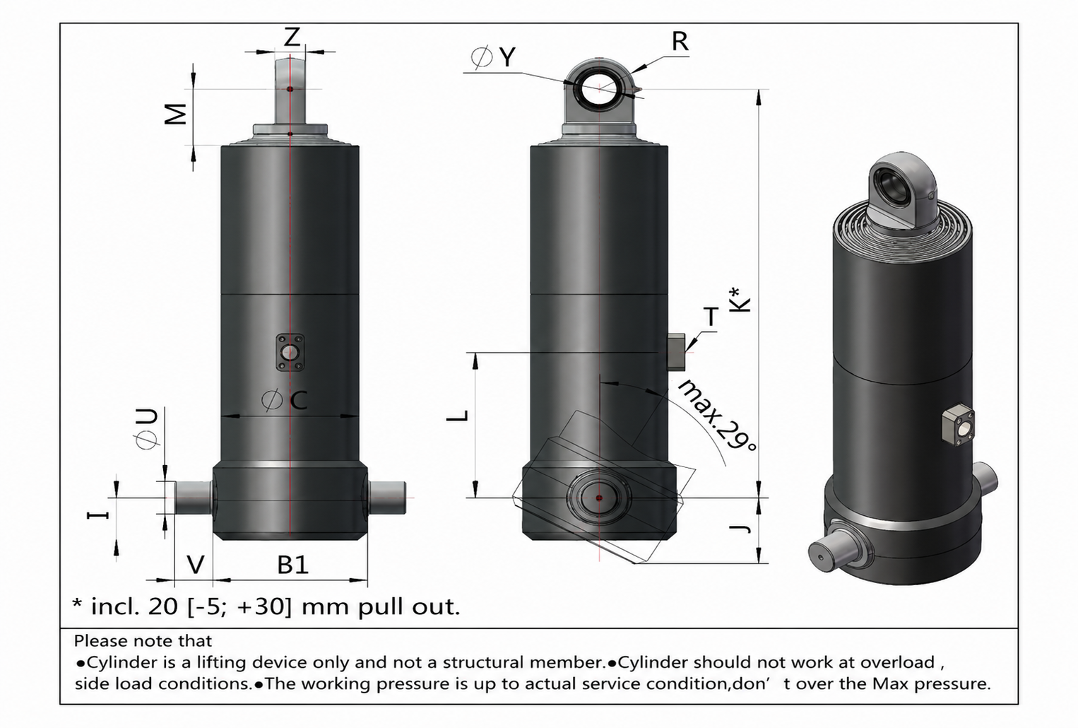 FE Series front end cylinder with outer cover and dimensional drawing