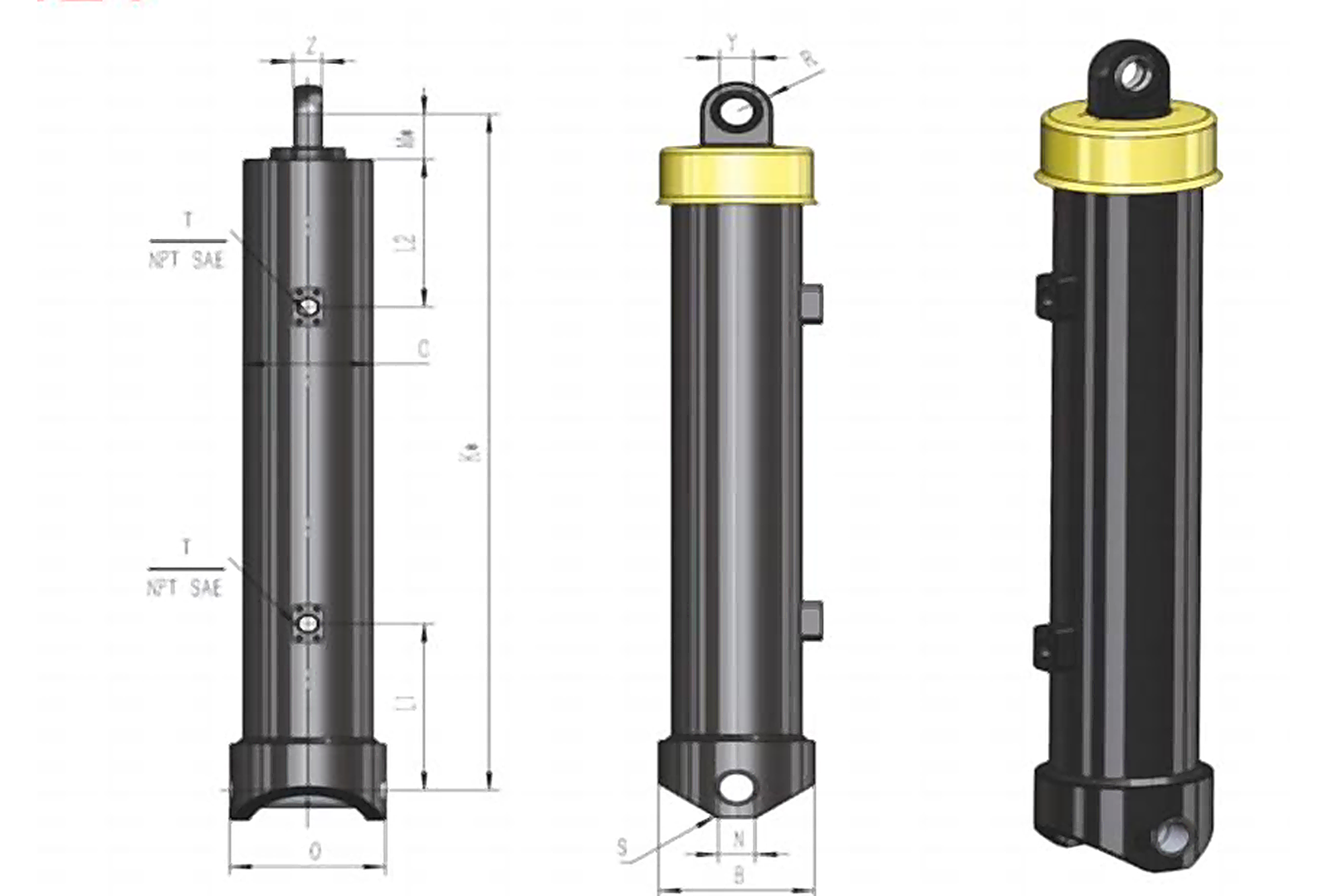 FEE Series front end cylinder with pin-to-pin mounting and dimensional drawing